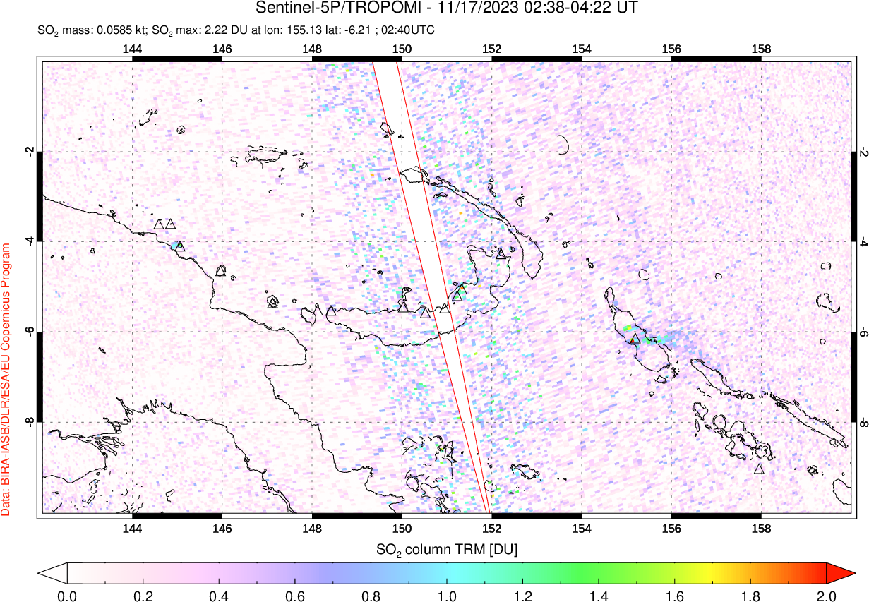 A sulfur dioxide image over Papua, New Guinea on Nov 17, 2023.