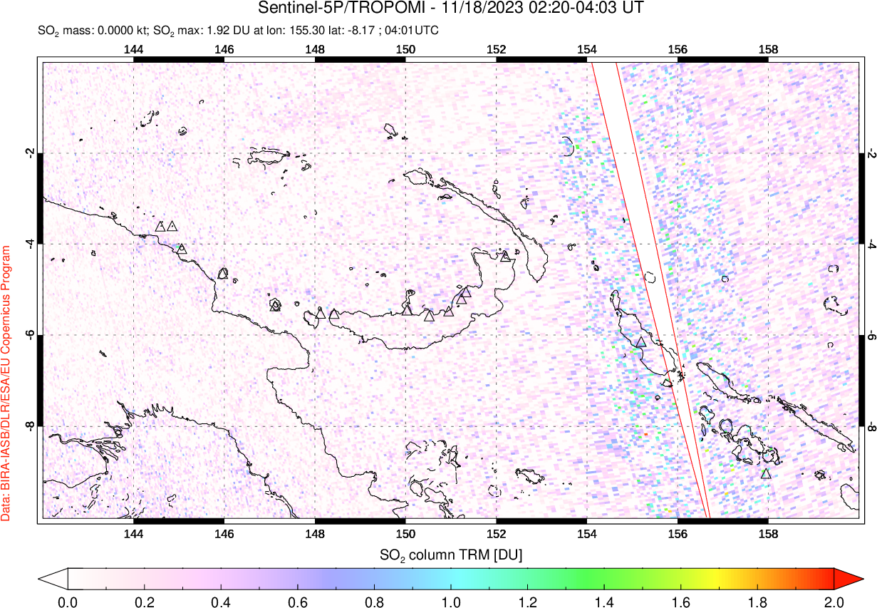 A sulfur dioxide image over Papua, New Guinea on Nov 18, 2023.