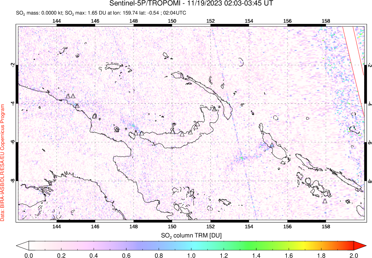 A sulfur dioxide image over Papua, New Guinea on Nov 19, 2023.