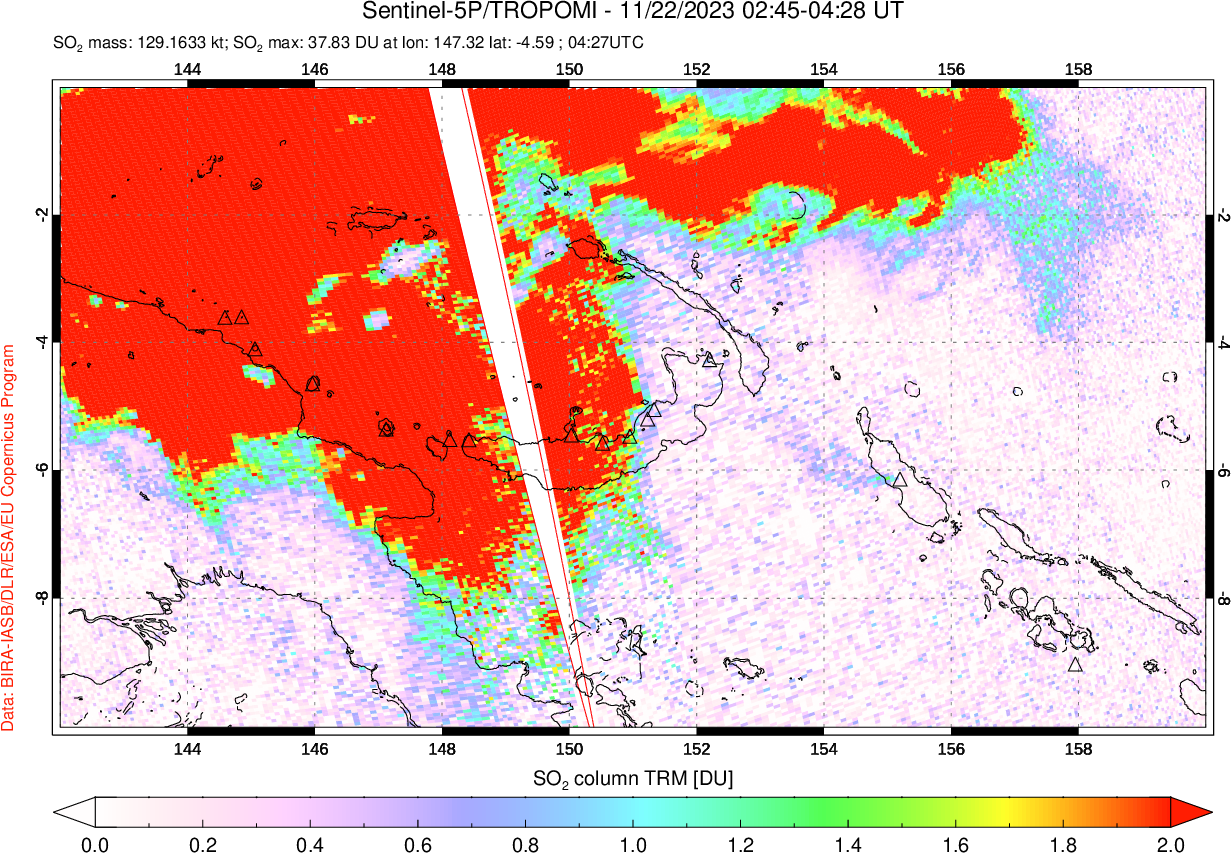 A sulfur dioxide image over Papua, New Guinea on Nov 22, 2023.