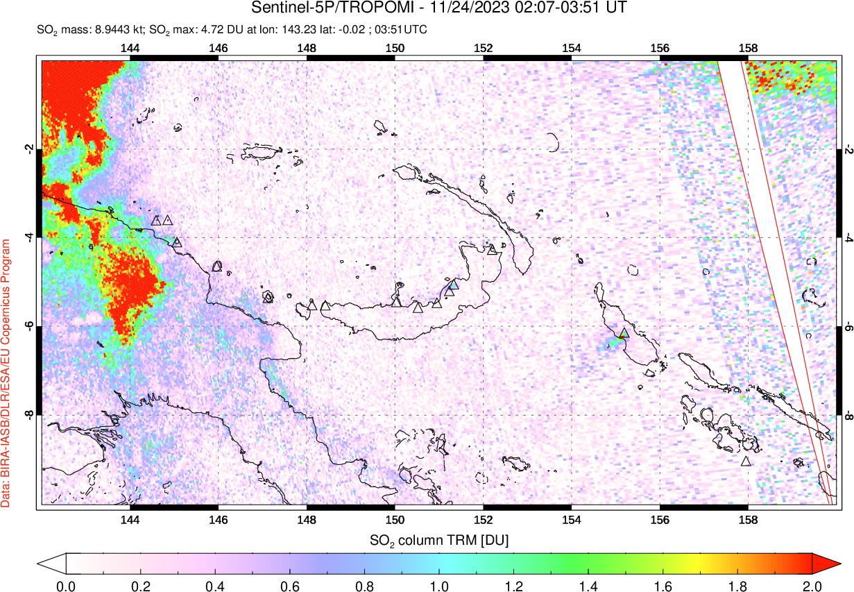 A sulfur dioxide image over Papua, New Guinea on Nov 24, 2023.