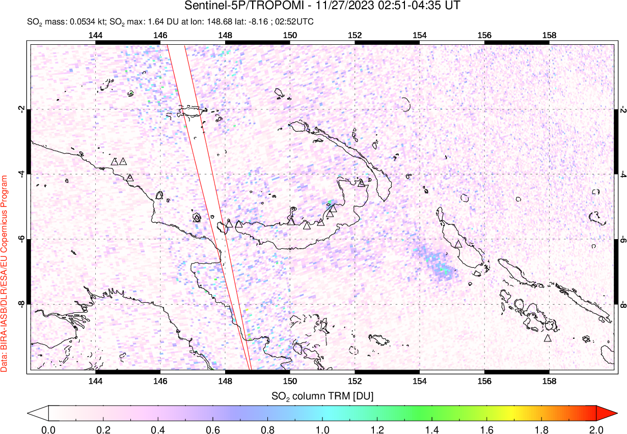 A sulfur dioxide image over Papua, New Guinea on Nov 27, 2023.