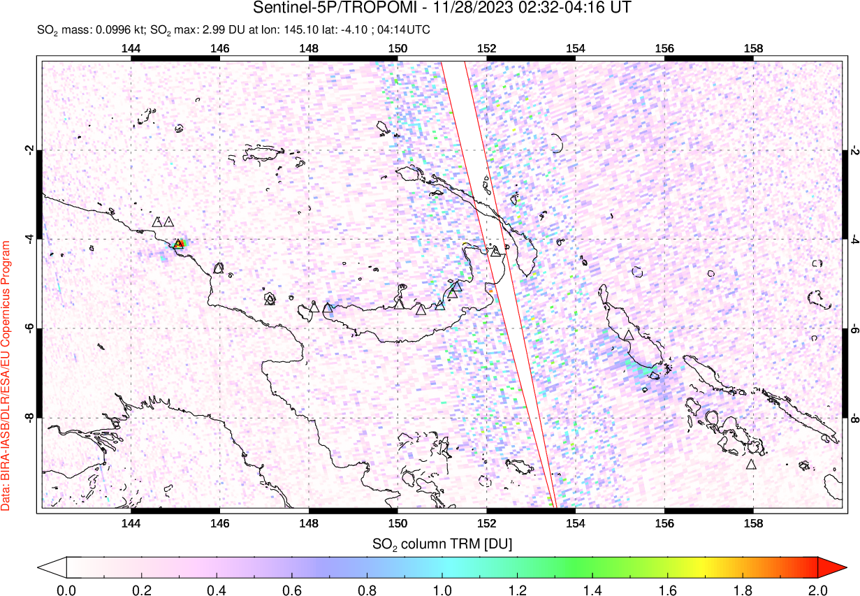 A sulfur dioxide image over Papua, New Guinea on Nov 28, 2023.