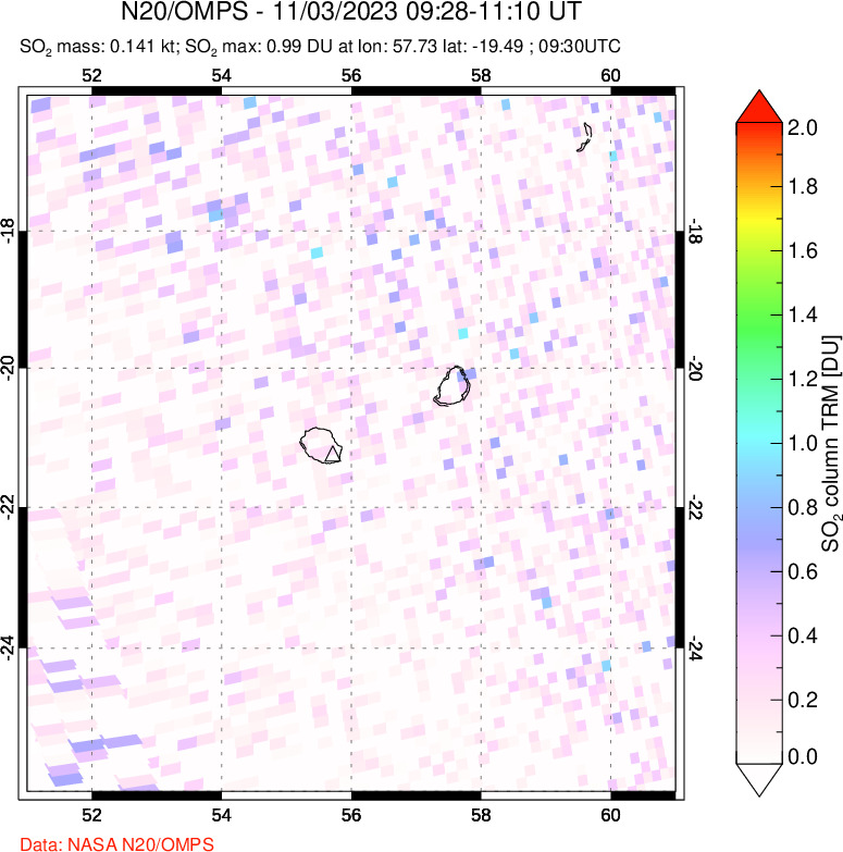 A sulfur dioxide image over Reunion Island, Indian Ocean on Nov 03, 2023.