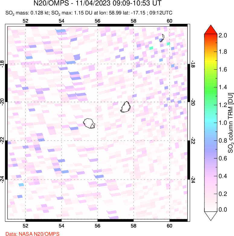 A sulfur dioxide image over Reunion Island, Indian Ocean on Nov 04, 2023.