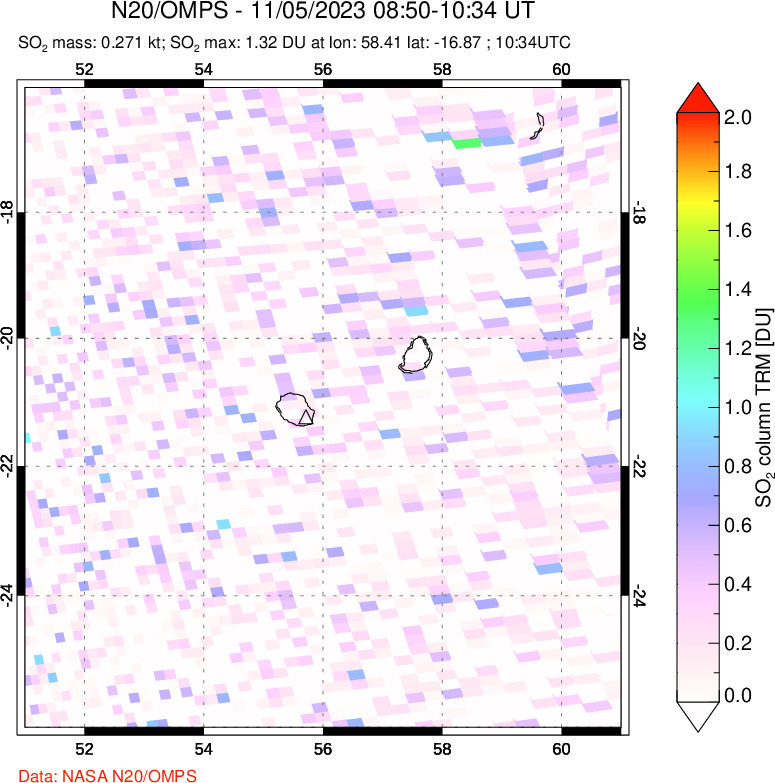 A sulfur dioxide image over Reunion Island, Indian Ocean on Nov 05, 2023.