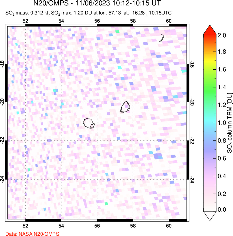 A sulfur dioxide image over Reunion Island, Indian Ocean on Nov 06, 2023.