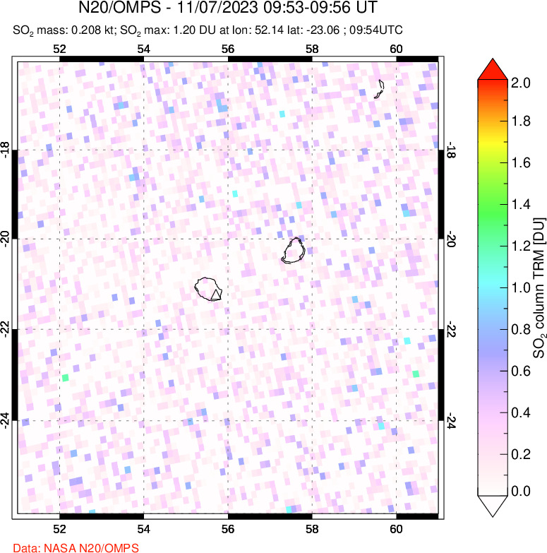 A sulfur dioxide image over Reunion Island, Indian Ocean on Nov 07, 2023.