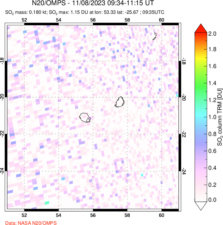 A sulfur dioxide image over Reunion Island, Indian Ocean on Nov 08, 2023.