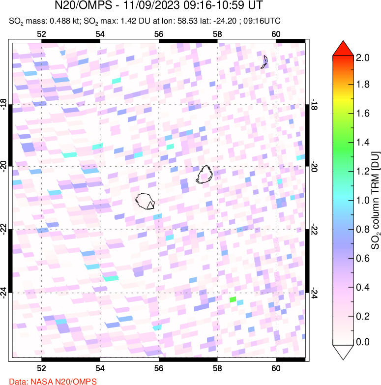 A sulfur dioxide image over Reunion Island, Indian Ocean on Nov 09, 2023.