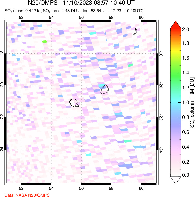 A sulfur dioxide image over Reunion Island, Indian Ocean on Nov 10, 2023.