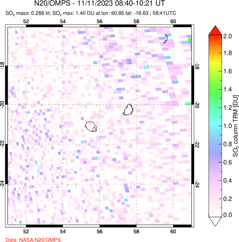 A sulfur dioxide image over Reunion Island, Indian Ocean on Nov 11, 2023.