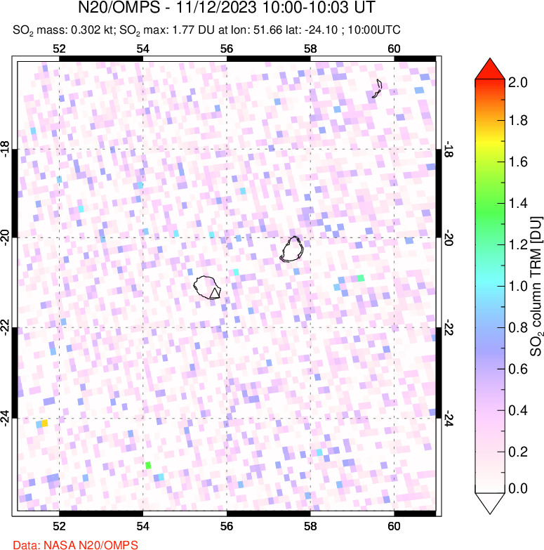 A sulfur dioxide image over Reunion Island, Indian Ocean on Nov 12, 2023.