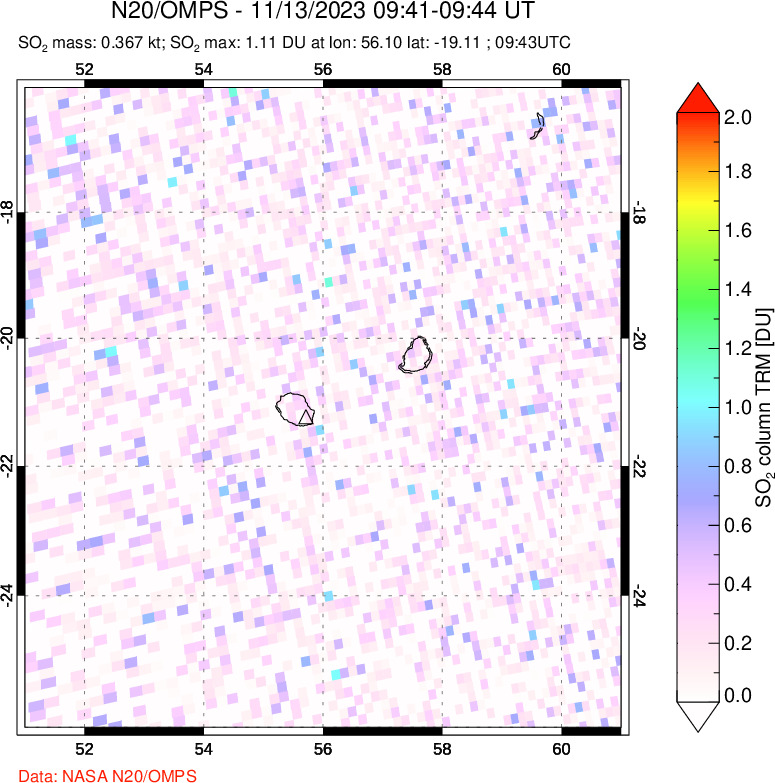 A sulfur dioxide image over Reunion Island, Indian Ocean on Nov 13, 2023.