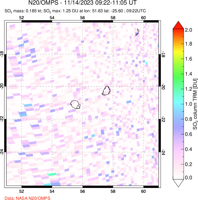 A sulfur dioxide image over Reunion Island, Indian Ocean on Nov 14, 2023.