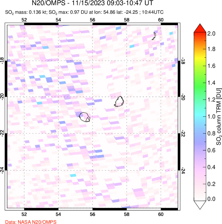 A sulfur dioxide image over Reunion Island, Indian Ocean on Nov 15, 2023.