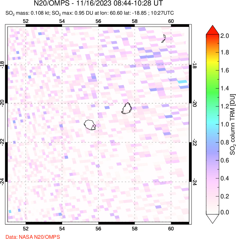 A sulfur dioxide image over Reunion Island, Indian Ocean on Nov 16, 2023.