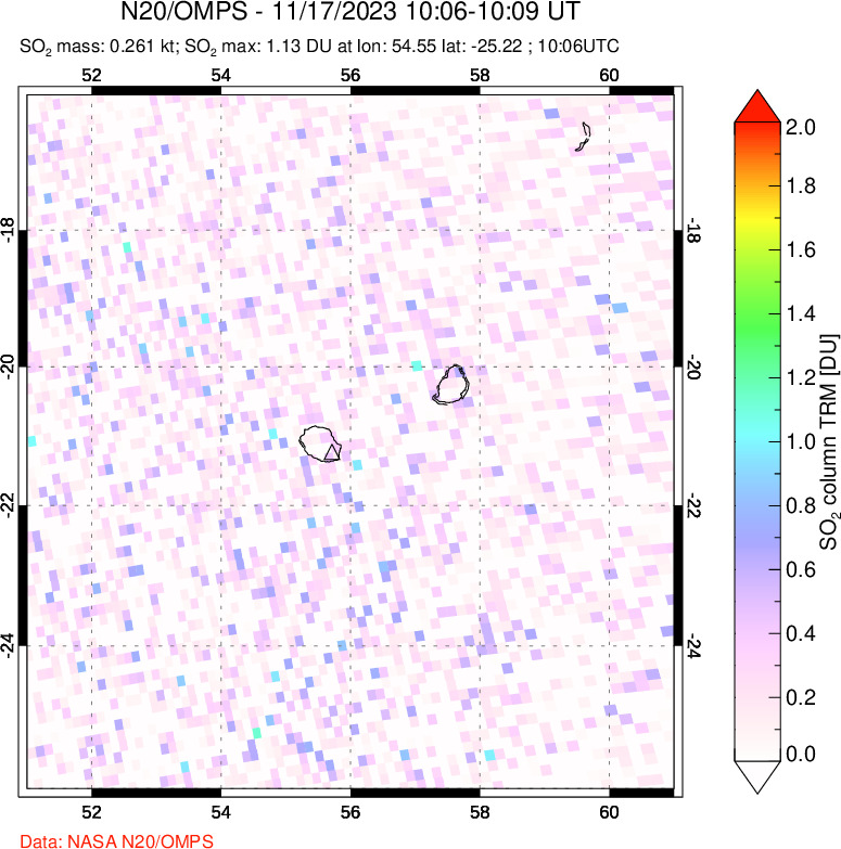 A sulfur dioxide image over Reunion Island, Indian Ocean on Nov 17, 2023.