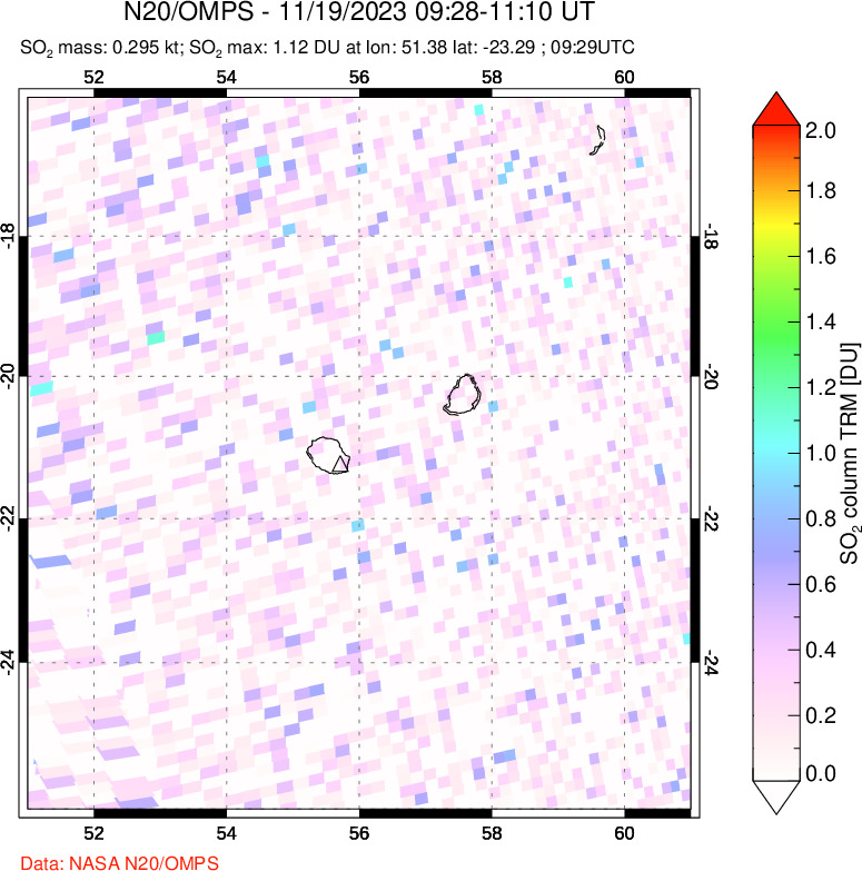 A sulfur dioxide image over Reunion Island, Indian Ocean on Nov 19, 2023.