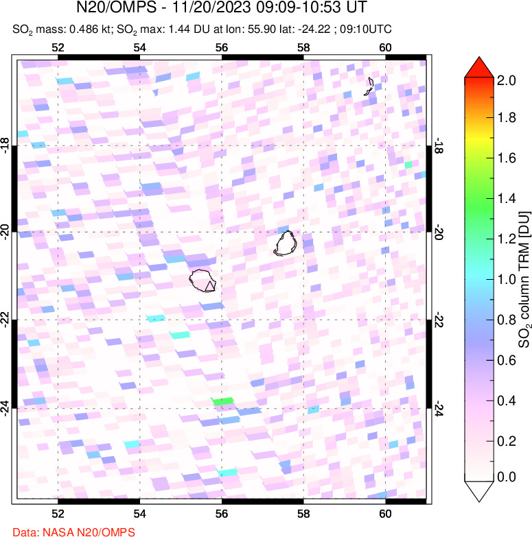 A sulfur dioxide image over Reunion Island, Indian Ocean on Nov 20, 2023.