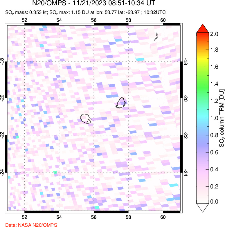 A sulfur dioxide image over Reunion Island, Indian Ocean on Nov 21, 2023.