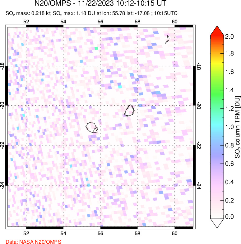 A sulfur dioxide image over Reunion Island, Indian Ocean on Nov 22, 2023.