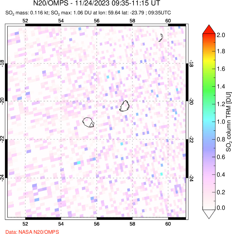 A sulfur dioxide image over Reunion Island, Indian Ocean on Nov 24, 2023.