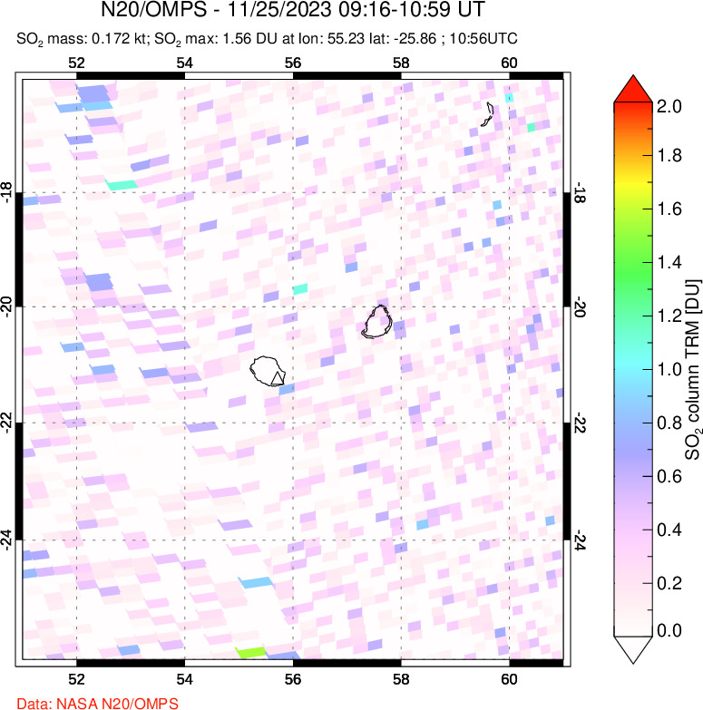 A sulfur dioxide image over Reunion Island, Indian Ocean on Nov 25, 2023.