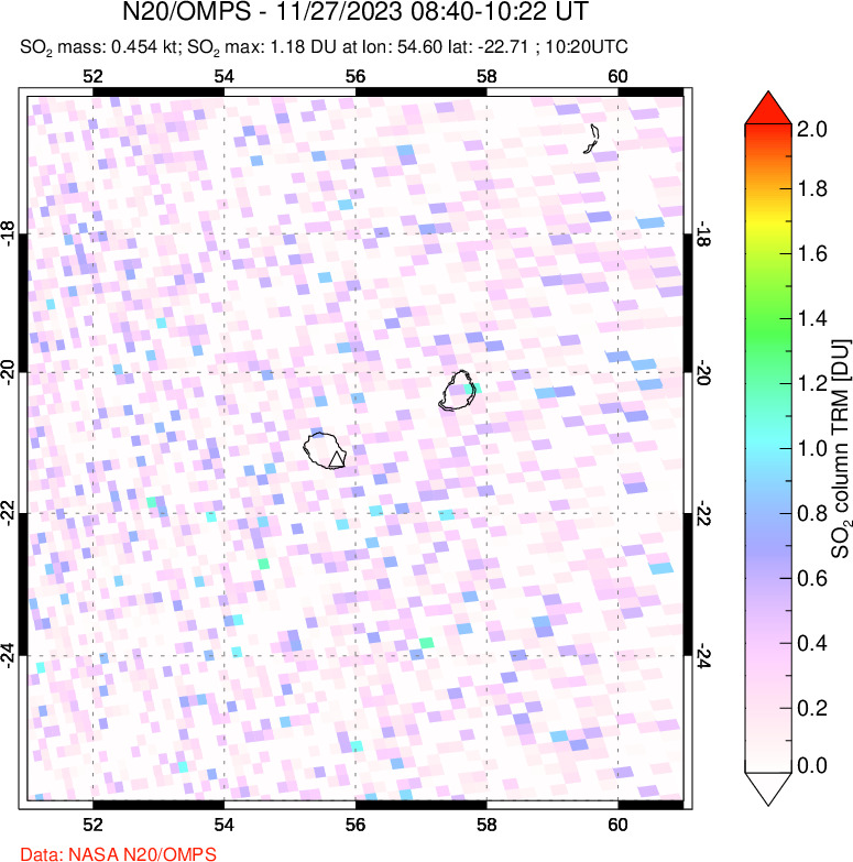 A sulfur dioxide image over Reunion Island, Indian Ocean on Nov 27, 2023.