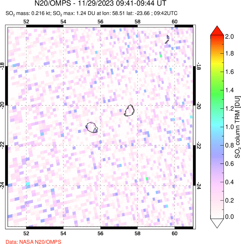 A sulfur dioxide image over Reunion Island, Indian Ocean on Nov 29, 2023.