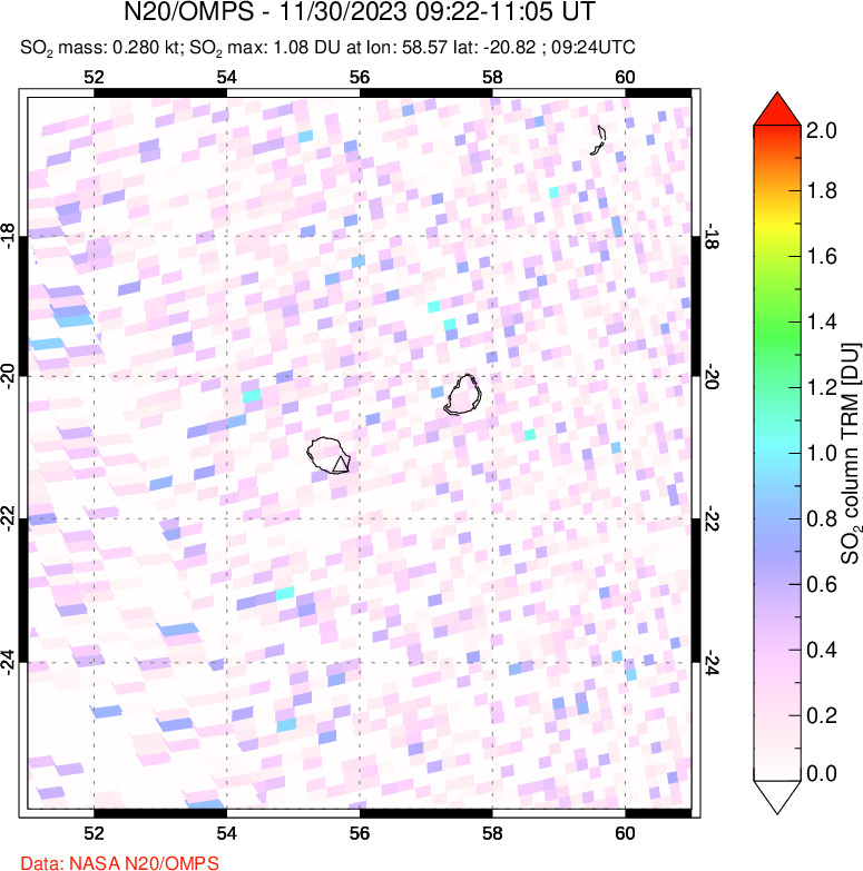 A sulfur dioxide image over Reunion Island, Indian Ocean on Nov 30, 2023.