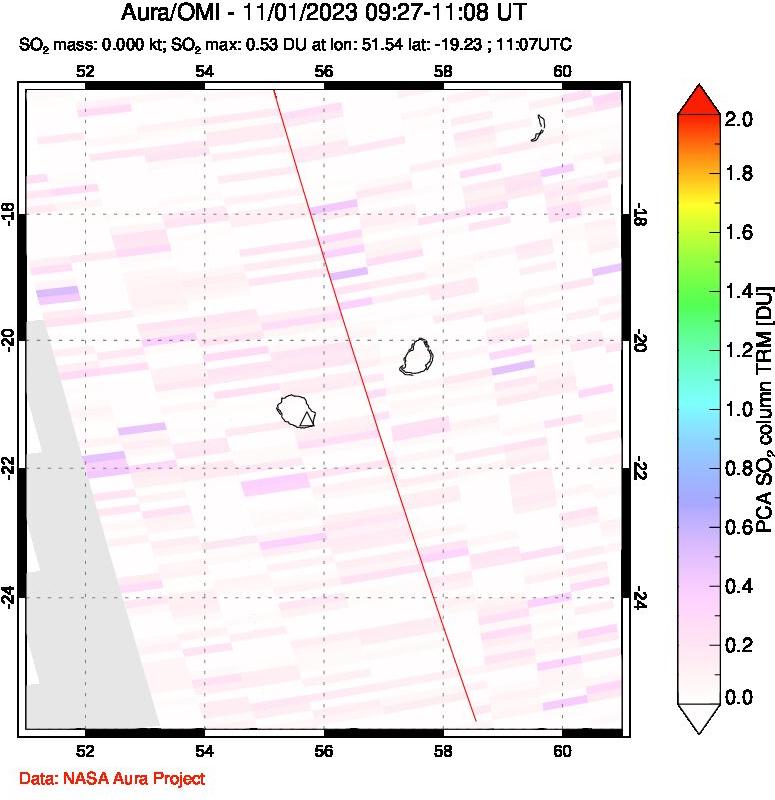 A sulfur dioxide image over Reunion Island, Indian Ocean on Nov 01, 2023.