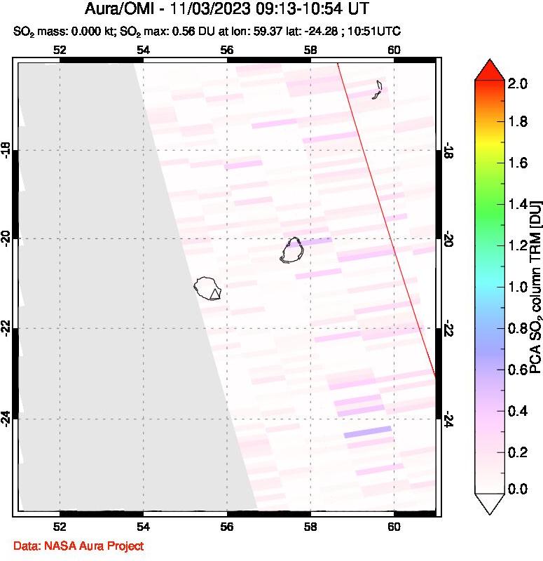 A sulfur dioxide image over Reunion Island, Indian Ocean on Nov 03, 2023.