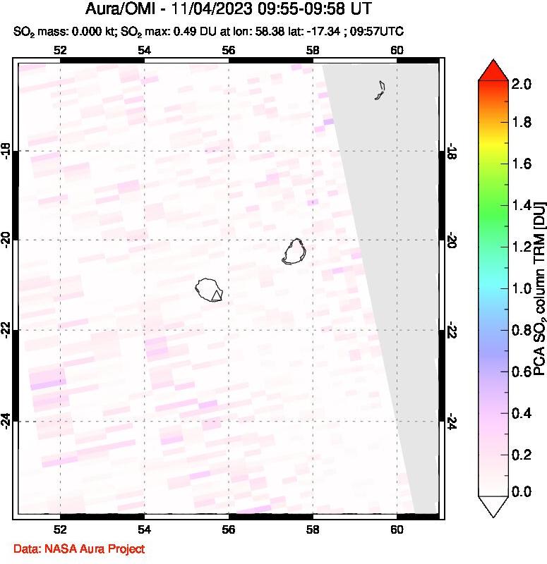 A sulfur dioxide image over Reunion Island, Indian Ocean on Nov 04, 2023.