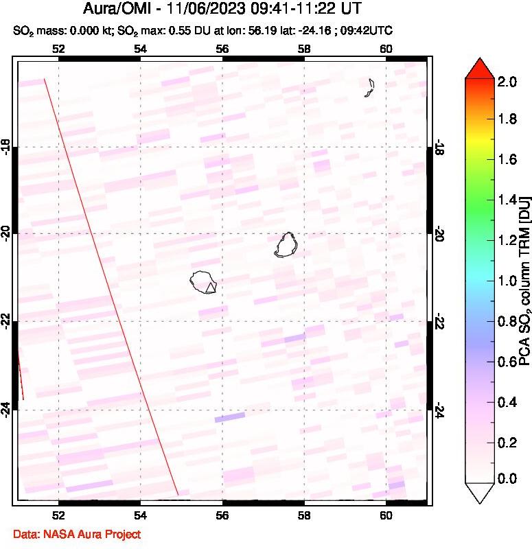 A sulfur dioxide image over Reunion Island, Indian Ocean on Nov 06, 2023.