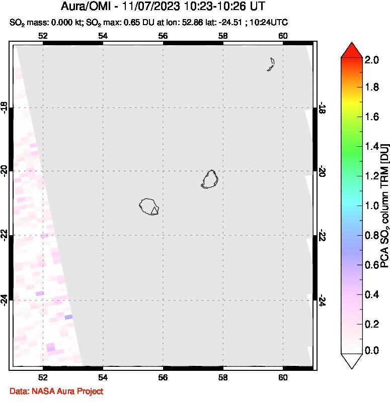 A sulfur dioxide image over Reunion Island, Indian Ocean on Nov 07, 2023.