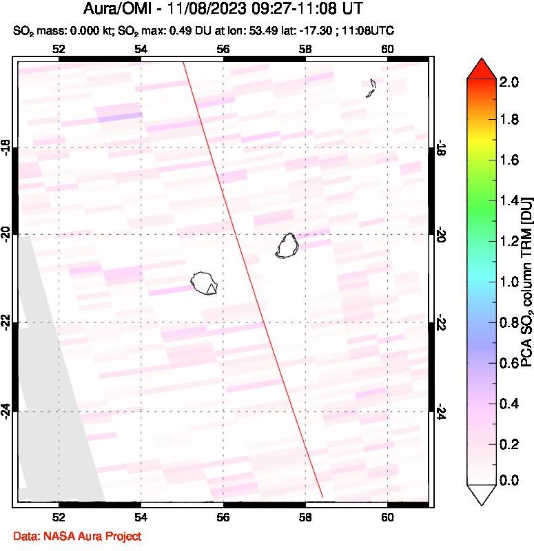 A sulfur dioxide image over Reunion Island, Indian Ocean on Nov 08, 2023.