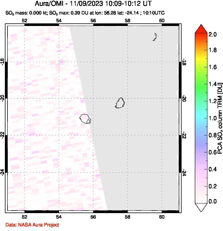 A sulfur dioxide image over Reunion Island, Indian Ocean on Nov 09, 2023.