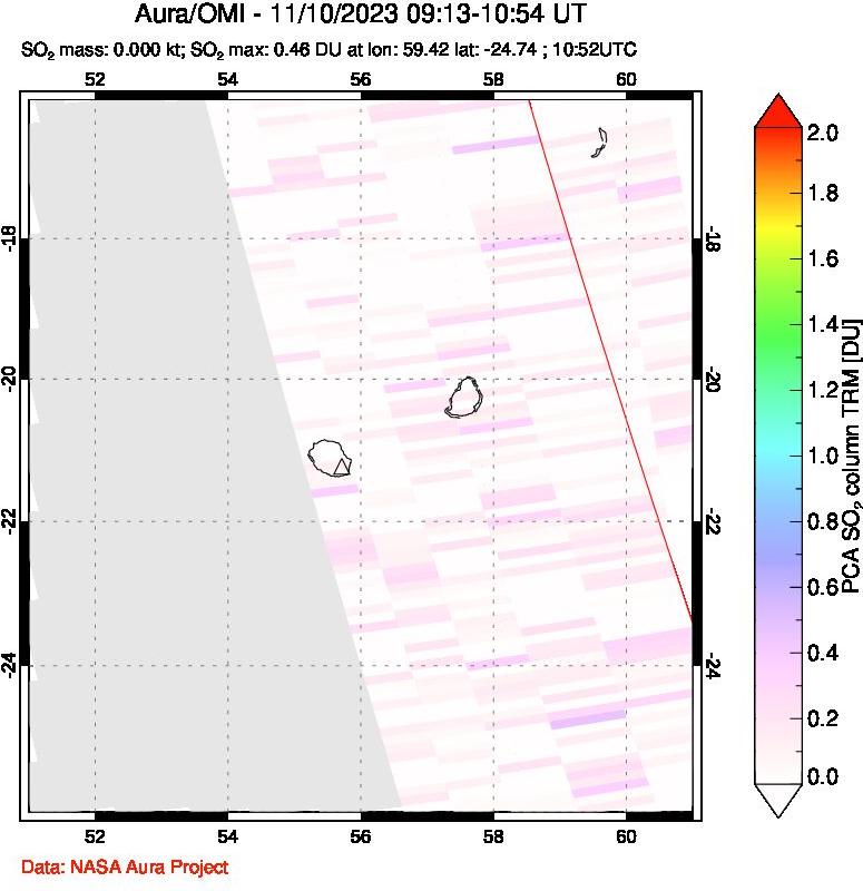 A sulfur dioxide image over Reunion Island, Indian Ocean on Nov 10, 2023.