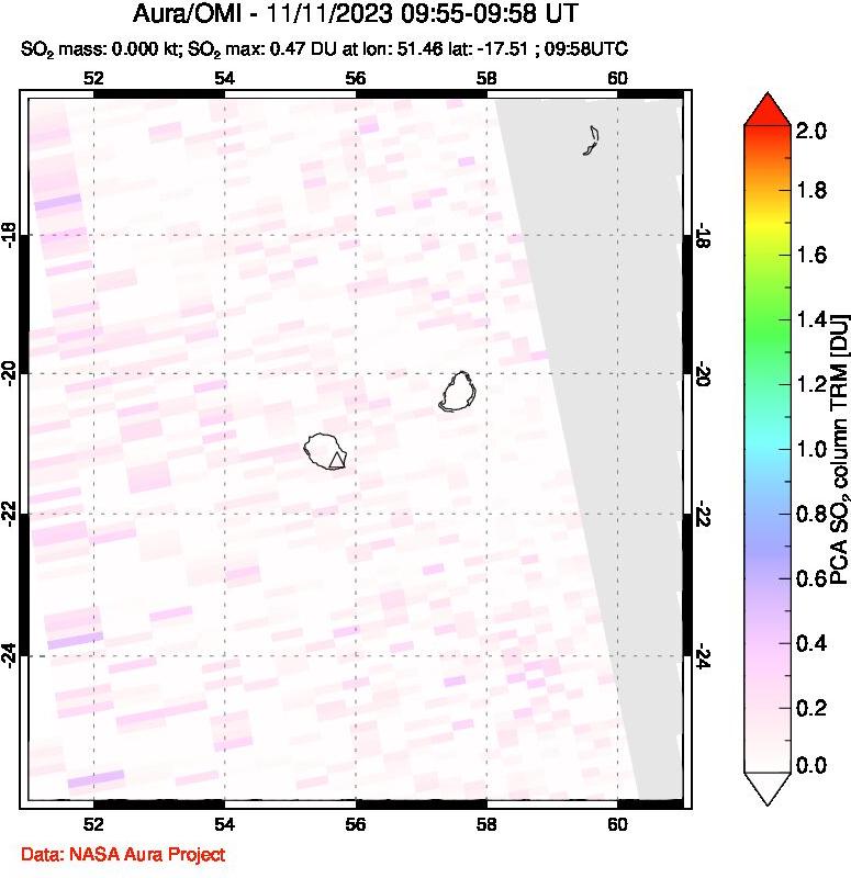 A sulfur dioxide image over Reunion Island, Indian Ocean on Nov 11, 2023.