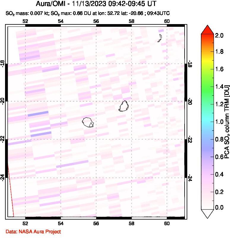 A sulfur dioxide image over Reunion Island, Indian Ocean on Nov 13, 2023.