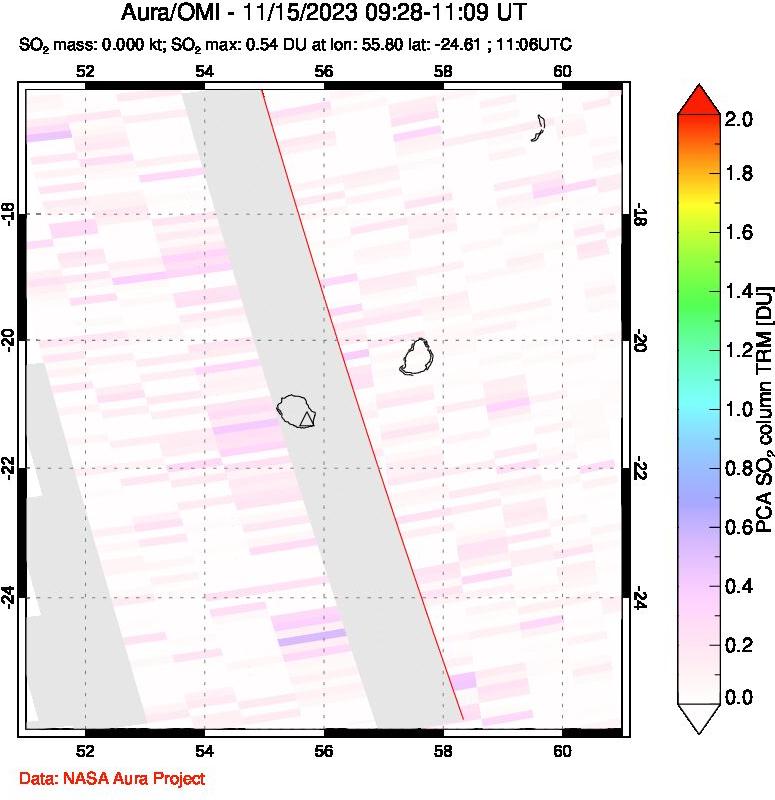 A sulfur dioxide image over Reunion Island, Indian Ocean on Nov 15, 2023.