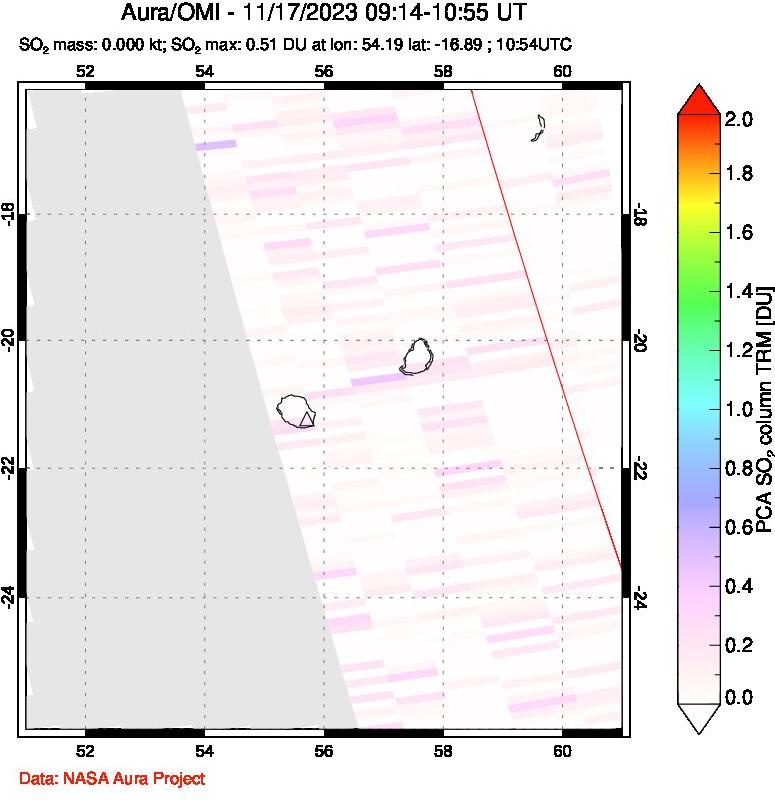 A sulfur dioxide image over Reunion Island, Indian Ocean on Nov 17, 2023.