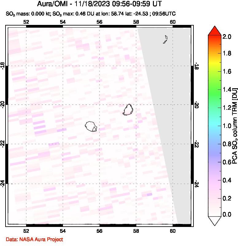 A sulfur dioxide image over Reunion Island, Indian Ocean on Nov 18, 2023.