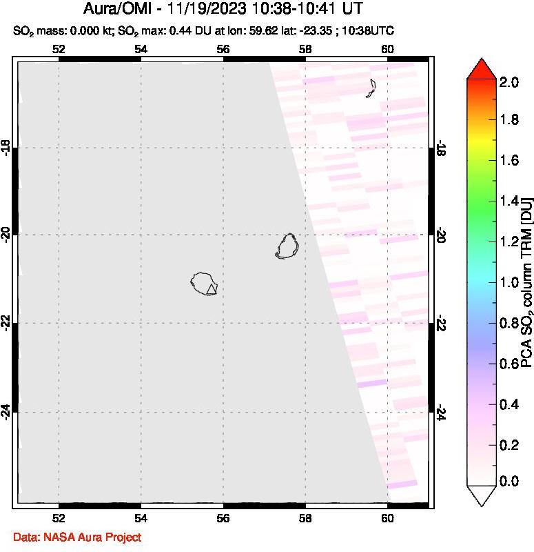 A sulfur dioxide image over Reunion Island, Indian Ocean on Nov 19, 2023.