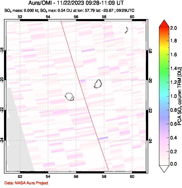 A sulfur dioxide image over Reunion Island, Indian Ocean on Nov 22, 2023.