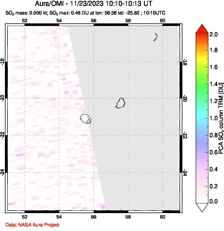 A sulfur dioxide image over Reunion Island, Indian Ocean on Nov 23, 2023.