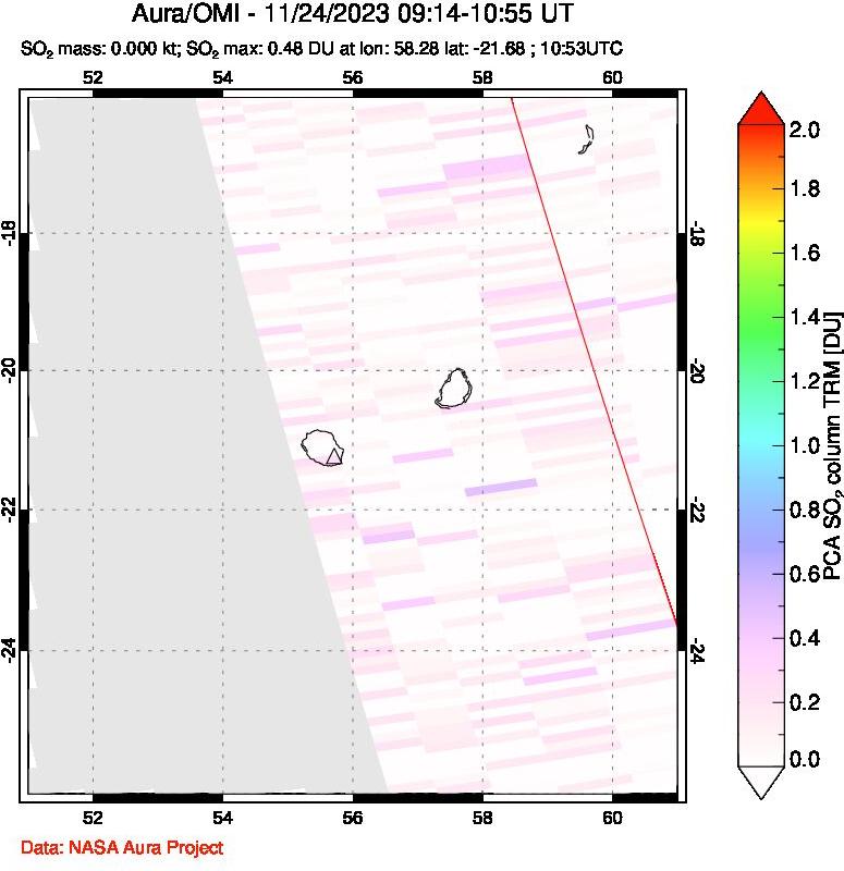 A sulfur dioxide image over Reunion Island, Indian Ocean on Nov 24, 2023.