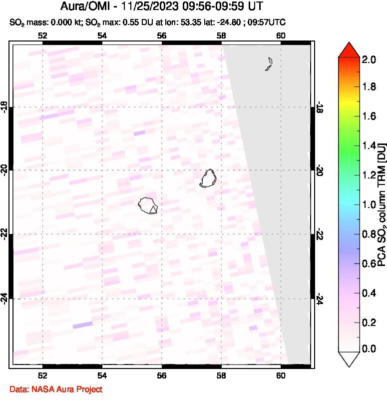 A sulfur dioxide image over Reunion Island, Indian Ocean on Nov 25, 2023.