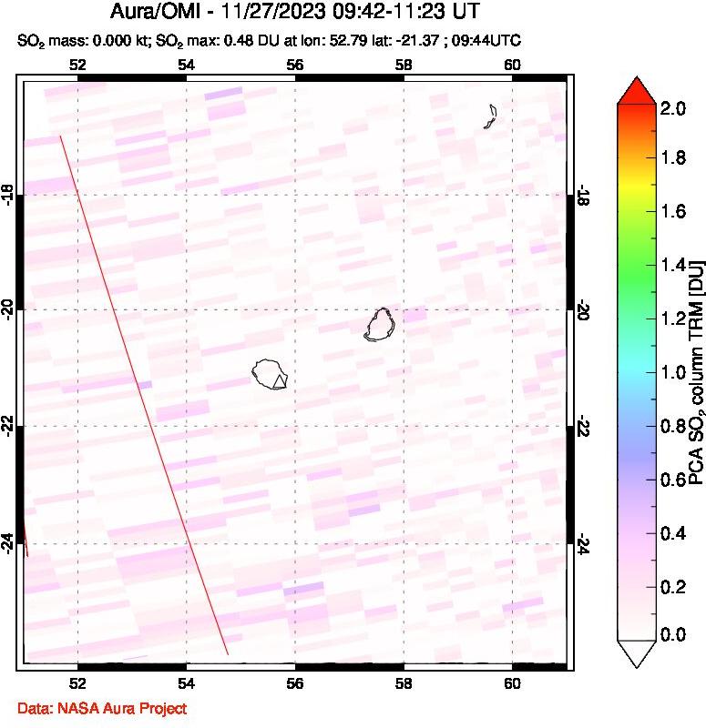 A sulfur dioxide image over Reunion Island, Indian Ocean on Nov 27, 2023.